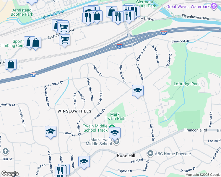 map of restaurants, bars, coffee shops, grocery stores, and more near 5717 Oak Hill Place in Alexandria