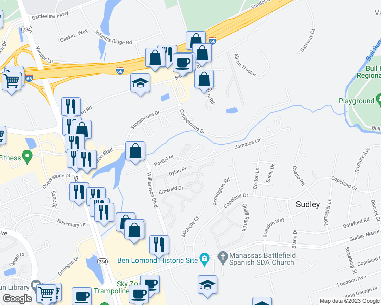 map of restaurants, bars, coffee shops, grocery stores, and more near 7446 Barbados Lane in Manassas