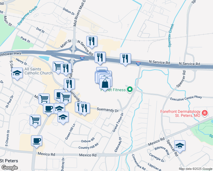 map of restaurants, bars, coffee shops, grocery stores, and more near 1600 Mid Rivers Mall in St. Peters