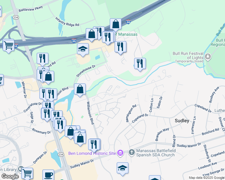 map of restaurants, bars, coffee shops, grocery stores, and more near 7446 Barbados Lane in Manassas