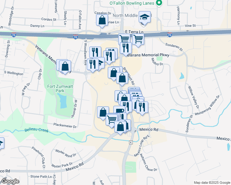 map of restaurants, bars, coffee shops, grocery stores, and more near 1101 State Highway K in O'Fallon