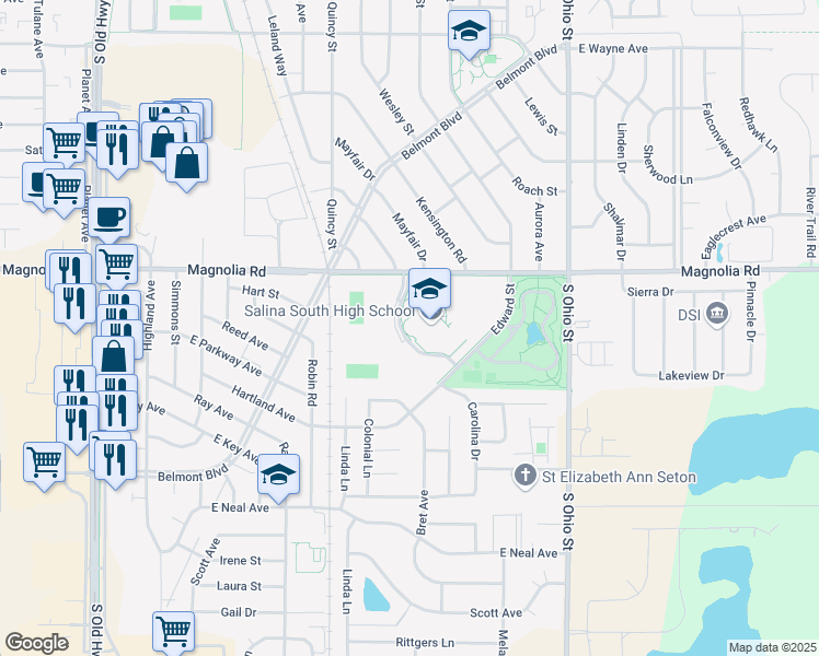 map of restaurants, bars, coffee shops, grocery stores, and more near 730 East Magnolia Road in Salina