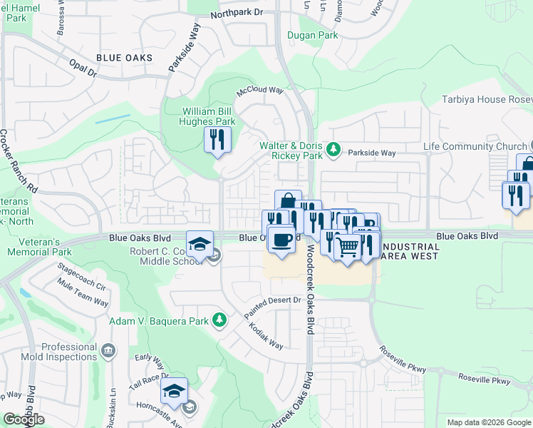 map of restaurants, bars, coffee shops, grocery stores, and more near 1341 Piper Place in Roseville