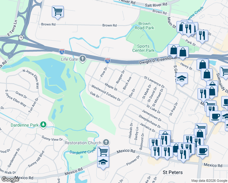 map of restaurants, bars, coffee shops, grocery stores, and more near 8 Maple Street in St. Peters