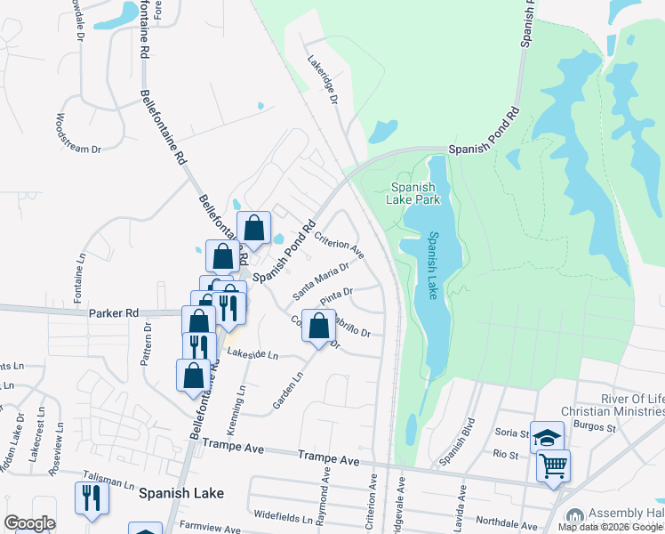 map of restaurants, bars, coffee shops, grocery stores, and more near 12356 Santa Maria Drive in St. Louis