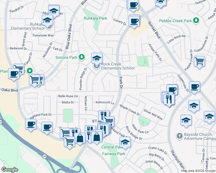 map of restaurants, bars, coffee shops, grocery stores, and more near 6400 Mendez Creek Court in Rocklin