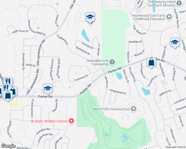 map of restaurants, bars, coffee shops, grocery stores, and more near 5394 Trailoaks Drive in Florissant