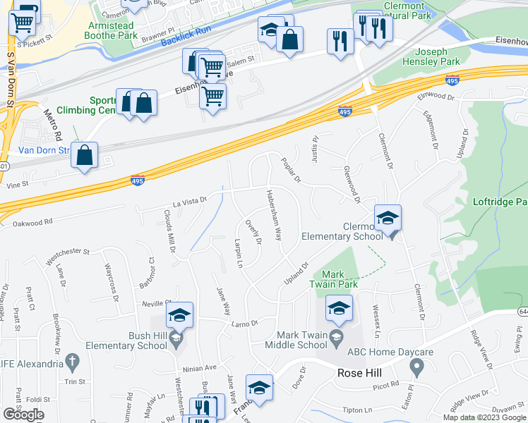 map of restaurants, bars, coffee shops, grocery stores, and more near 5703 Larpin Lane in Alexandria