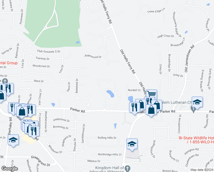 map of restaurants, bars, coffee shops, grocery stores, and more near 4401 Parker Road in Florissant
