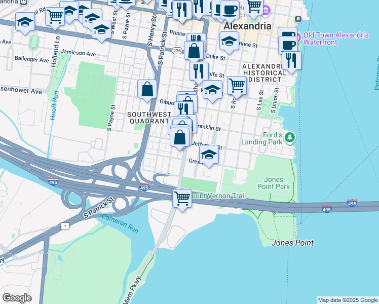 map of restaurants, bars, coffee shops, grocery stores, and more near 800C South Washington Street in Alexandria