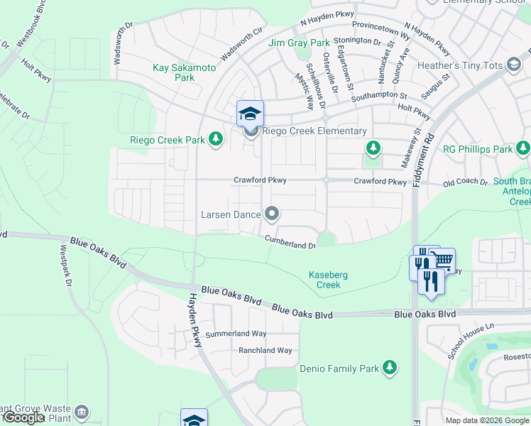 map of restaurants, bars, coffee shops, grocery stores, and more near 6000 Belfast Way in Roseville