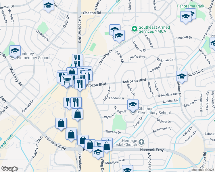 map of restaurants, bars, coffee shops, grocery stores, and more near 2527 Faulkner Drive in Colorado Springs