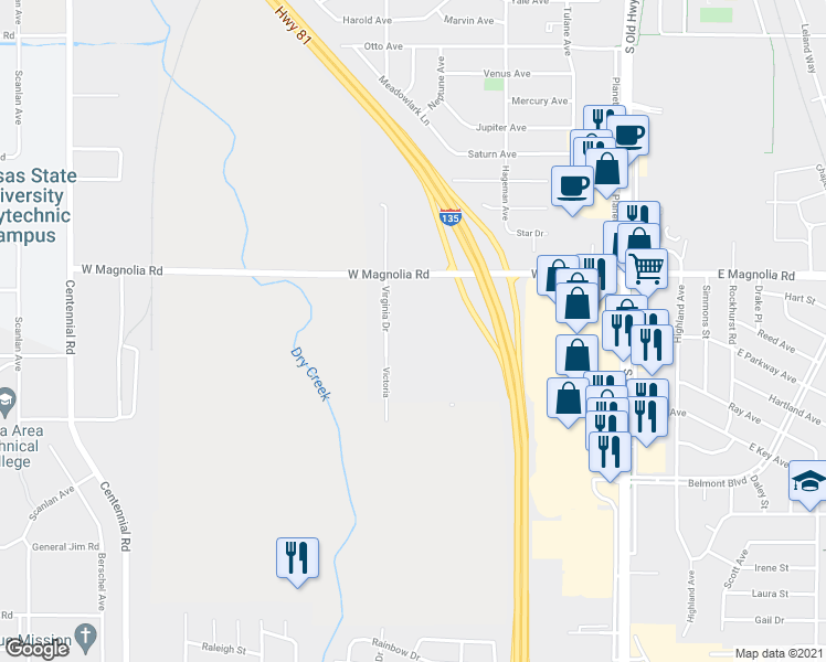 map of restaurants, bars, coffee shops, grocery stores, and more near 2455 Virginia Drive in Salina