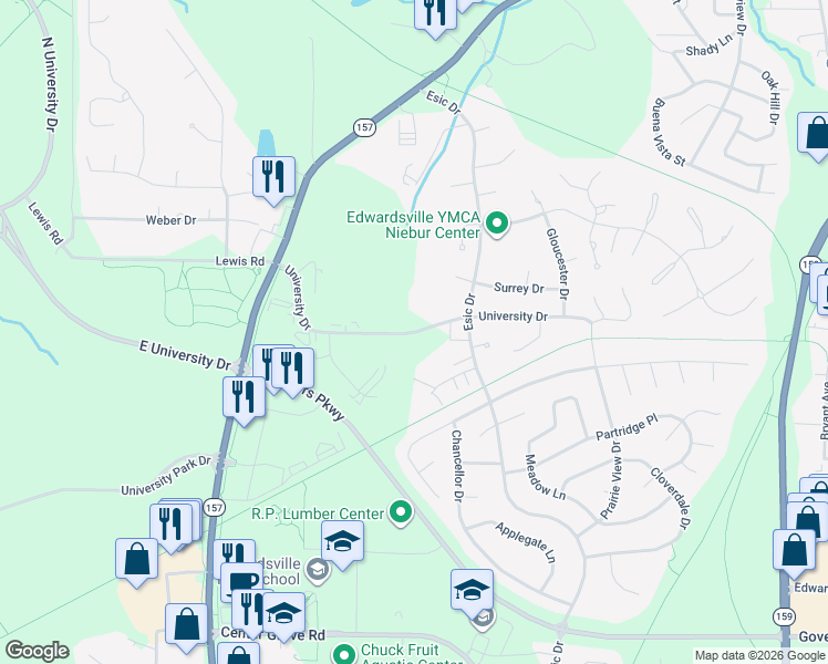 map of restaurants, bars, coffee shops, grocery stores, and more near 131 Dorset Court in Edwardsville