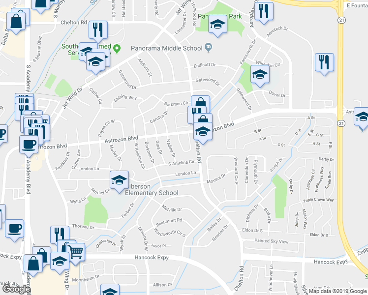 map of restaurants, bars, coffee shops, grocery stores, and more near 2524 Astrozon Circle in Colorado Springs