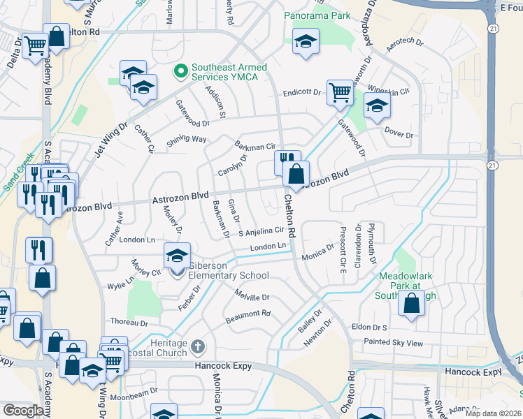 map of restaurants, bars, coffee shops, grocery stores, and more near 2560 Nadine Drive in Colorado Springs