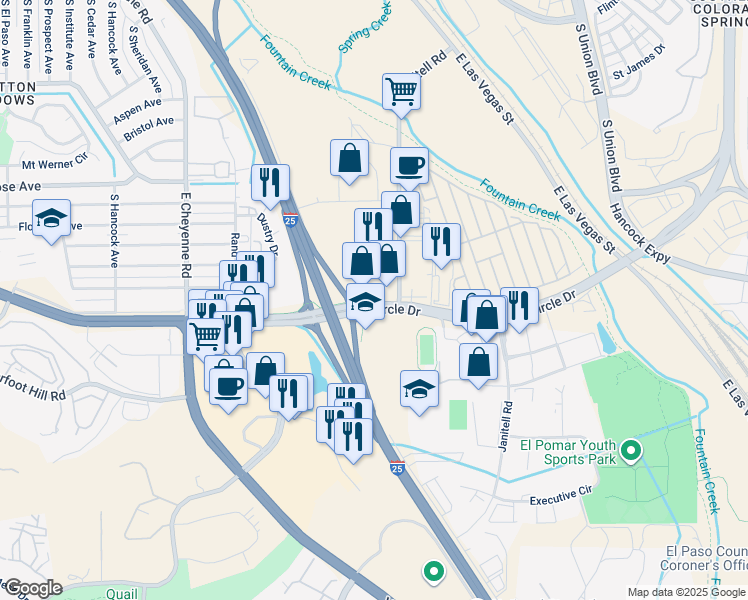 map of restaurants, bars, coffee shops, grocery stores, and more near 3864 South Circle Drive in Colorado Springs