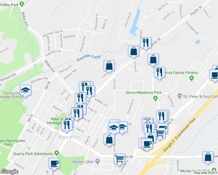 map of restaurants, bars, coffee shops, grocery stores, and more near 4695 Pacific Street in Rocklin
