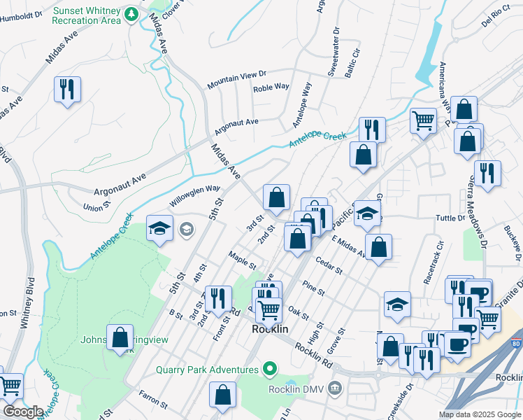 map of restaurants, bars, coffee shops, grocery stores, and more near 4775 3rd Street in Rocklin