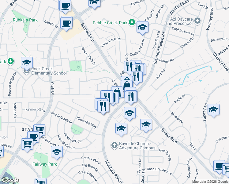 map of restaurants, bars, coffee shops, grocery stores, and more near 6142 Mehrten Circle in Rocklin
