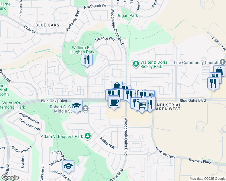 map of restaurants, bars, coffee shops, grocery stores, and more near 10001 Woodcreek Oaks Boulevard in Roseville