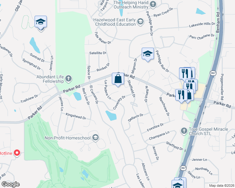 map of restaurants, bars, coffee shops, grocery stores, and more near 6534 Coventry Drive in Florissant