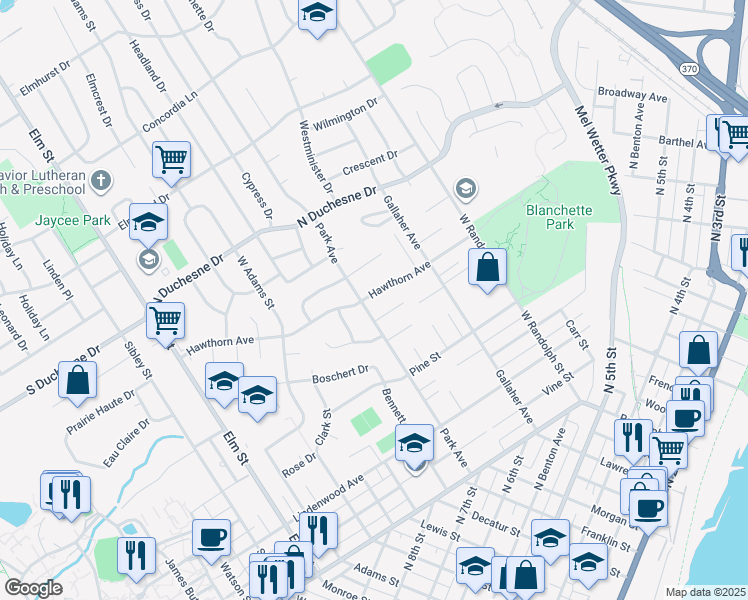 map of restaurants, bars, coffee shops, grocery stores, and more near 906 Hawthorn Avenue in Saint Charles