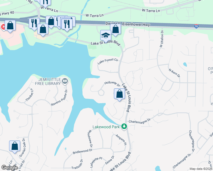 map of restaurants, bars, coffee shops, grocery stores, and more near 18 Holloway Drive in Lake Saint Louis