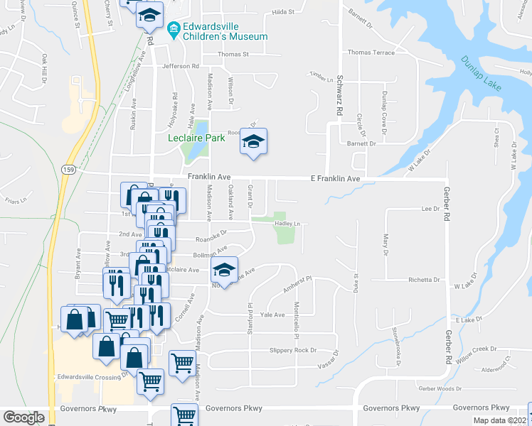 map of restaurants, bars, coffee shops, grocery stores, and more near 1217 Harrison Street in Edwardsville
