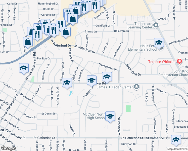 map of restaurants, bars, coffee shops, grocery stores, and more near 1320 Paddock Drive in Florissant