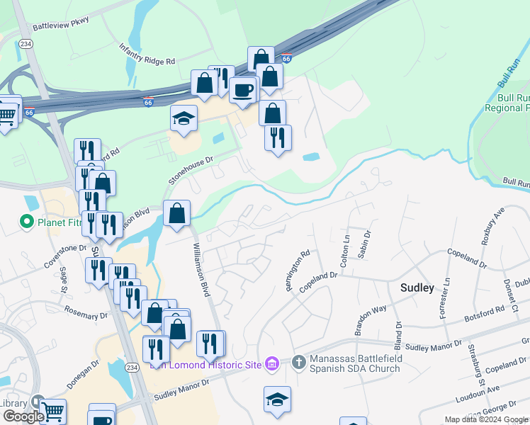 map of restaurants, bars, coffee shops, grocery stores, and more near 7417 Barbados Lane in Manassas