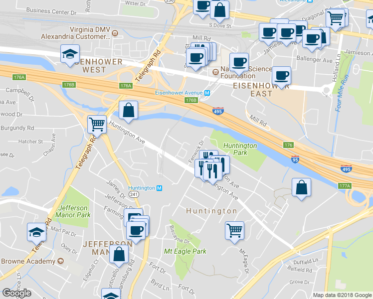 map of restaurants, bars, coffee shops, grocery stores, and more near 2366 Huntington Station Court in Alexandria