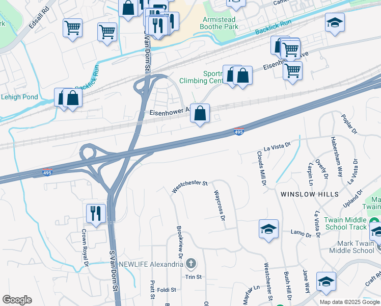 map of restaurants, bars, coffee shops, grocery stores, and more near 5512 Oakwood Road in Alexandria