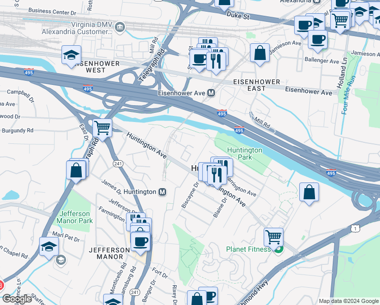 map of restaurants, bars, coffee shops, grocery stores, and more near 2366 Huntington Station Court in Alexandria