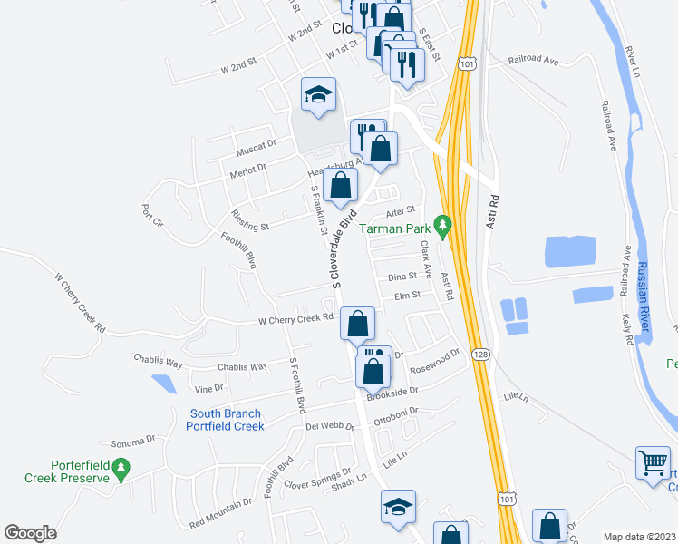 map of restaurants, bars, coffee shops, grocery stores, and more near 520 South Cloverdale Boulevard in Cloverdale