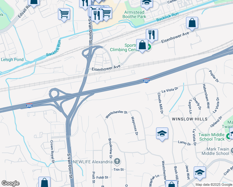 map of restaurants, bars, coffee shops, grocery stores, and more near 5512 Oakwood Road in Alexandria