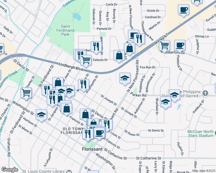 map of restaurants, bars, coffee shops, grocery stores, and more near 1040 Clark Street in Florissant