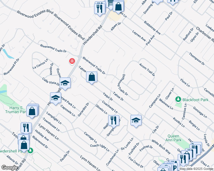 map of restaurants, bars, coffee shops, grocery stores, and more near 1720 Tahoe Drive in Florissant