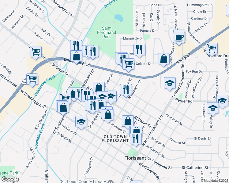 map of restaurants, bars, coffee shops, grocery stores, and more near 540 Saint Antoine Street in Florissant