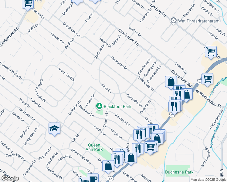 map of restaurants, bars, coffee shops, grocery stores, and more near 1025 Bellarmine Lane in Florissant