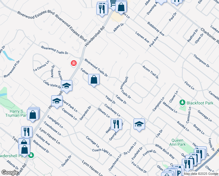 map of restaurants, bars, coffee shops, grocery stores, and more near 1720 Tahoe Drive in Florissant