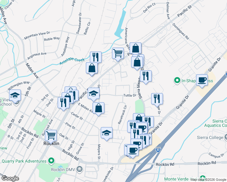 map of restaurants, bars, coffee shops, grocery stores, and more near 4550 Winners Circle in Rocklin