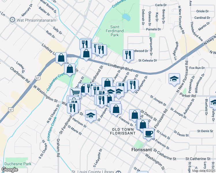 map of restaurants, bars, coffee shops, grocery stores, and more near 815 Saint Jean Street in Florissant