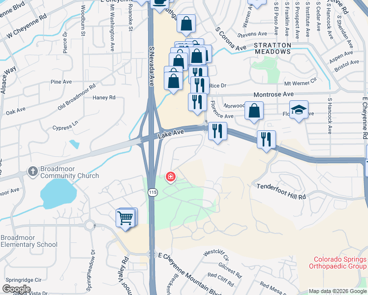 map of restaurants, bars, coffee shops, grocery stores, and more near 2485 Gold Rush Drive in Colorado Springs