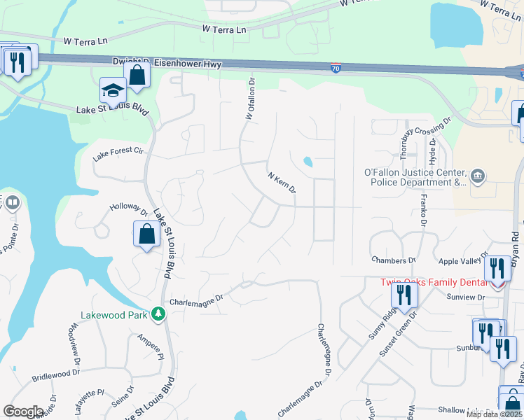 map of restaurants, bars, coffee shops, grocery stores, and more near 9 Cornell Drive in O'Fallon