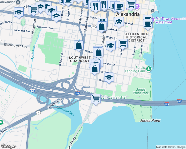 map of restaurants, bars, coffee shops, grocery stores, and more near 820 South Columbus Street in Alexandria