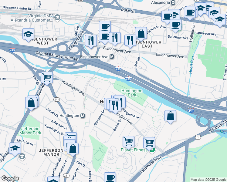 map of restaurants, bars, coffee shops, grocery stores, and more near 2258 Arlington Terrace in Alexandria