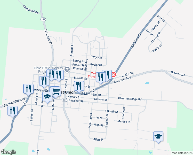 map of restaurants, bars, coffee shops, grocery stores, and more near 708 East Main Street in West Union