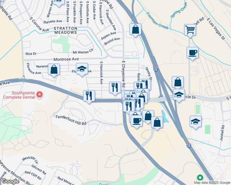 map of restaurants, bars, coffee shops, grocery stores, and more near 1218 Harrison Road in Colorado Springs