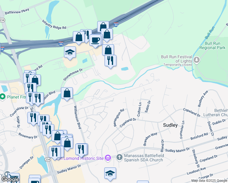 map of restaurants, bars, coffee shops, grocery stores, and more near 10388 Bermuda Lane in Manassas